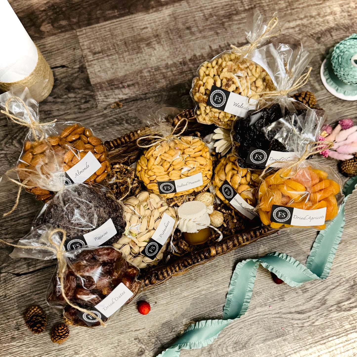Gift Set Of Nuts, Dried Fruits And Honey In A Espresso Rectangle Woven Basket (NUT111) - Flora Sense