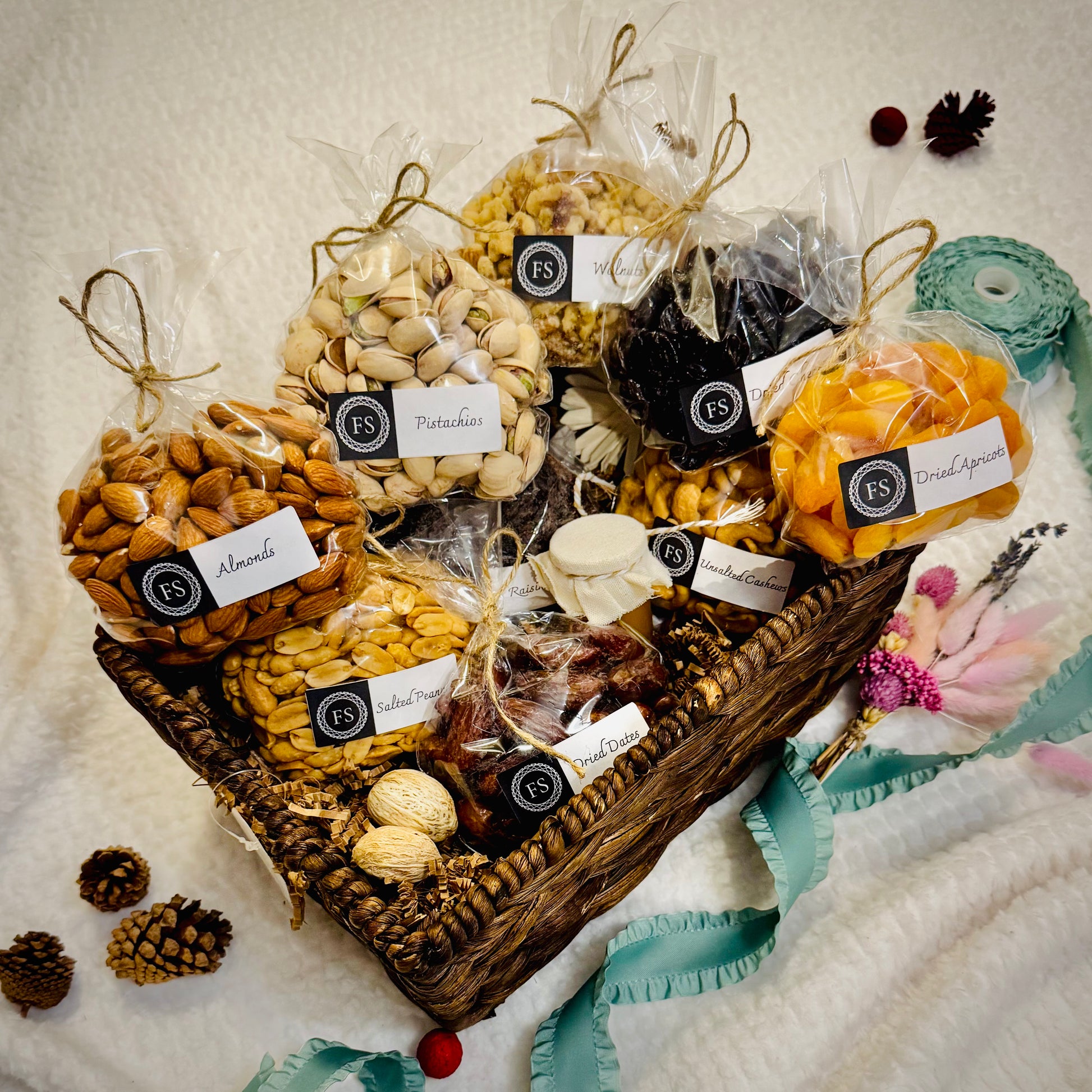Gift Set Of Nuts, Dried Fruits And Honey In A Espresso Rectangle Woven Basket (NUT111) - Flora Sense
