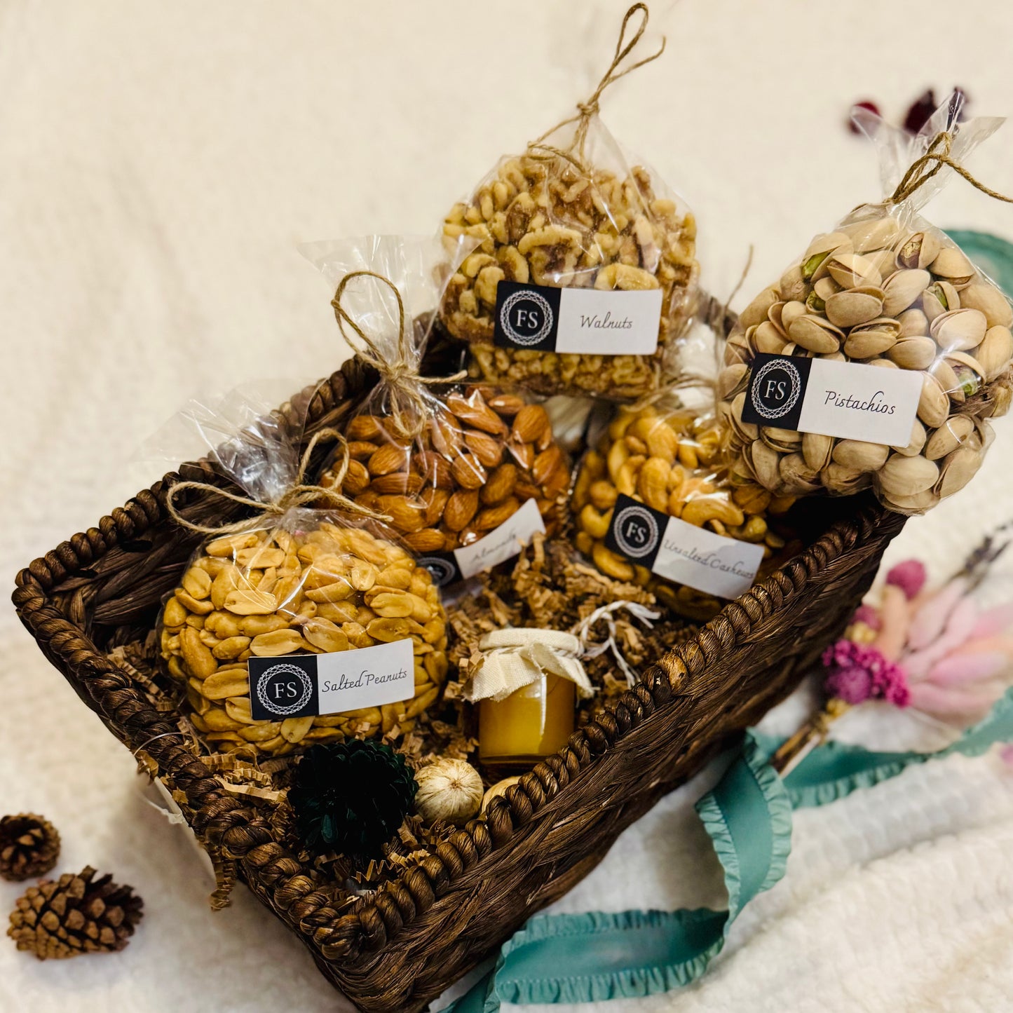 Gift Set Of Nuts And Honey In A Espresso Rectangle Woven Basket (NUT112) - Flora Sense