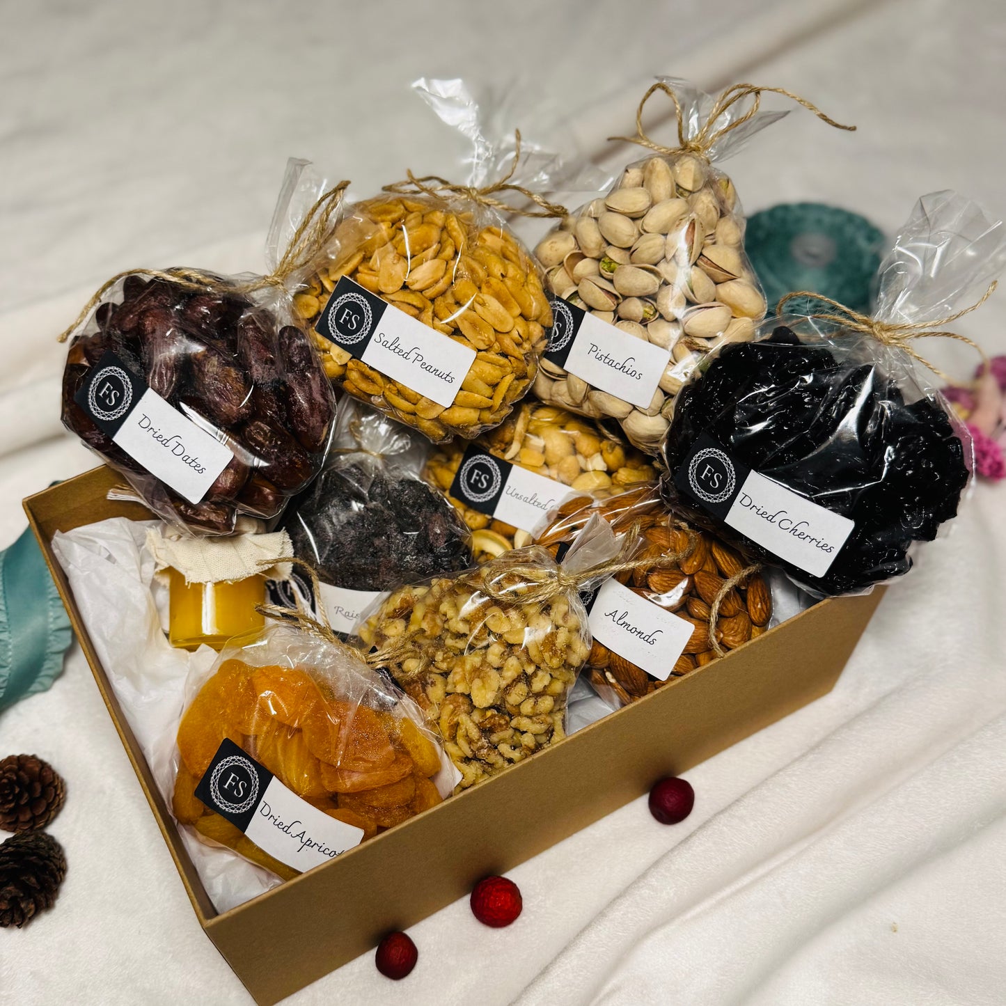 Gift Set Of Nuts, Dried Fruits And Honey In A Kraft Box (NUT126) - Flora Sense