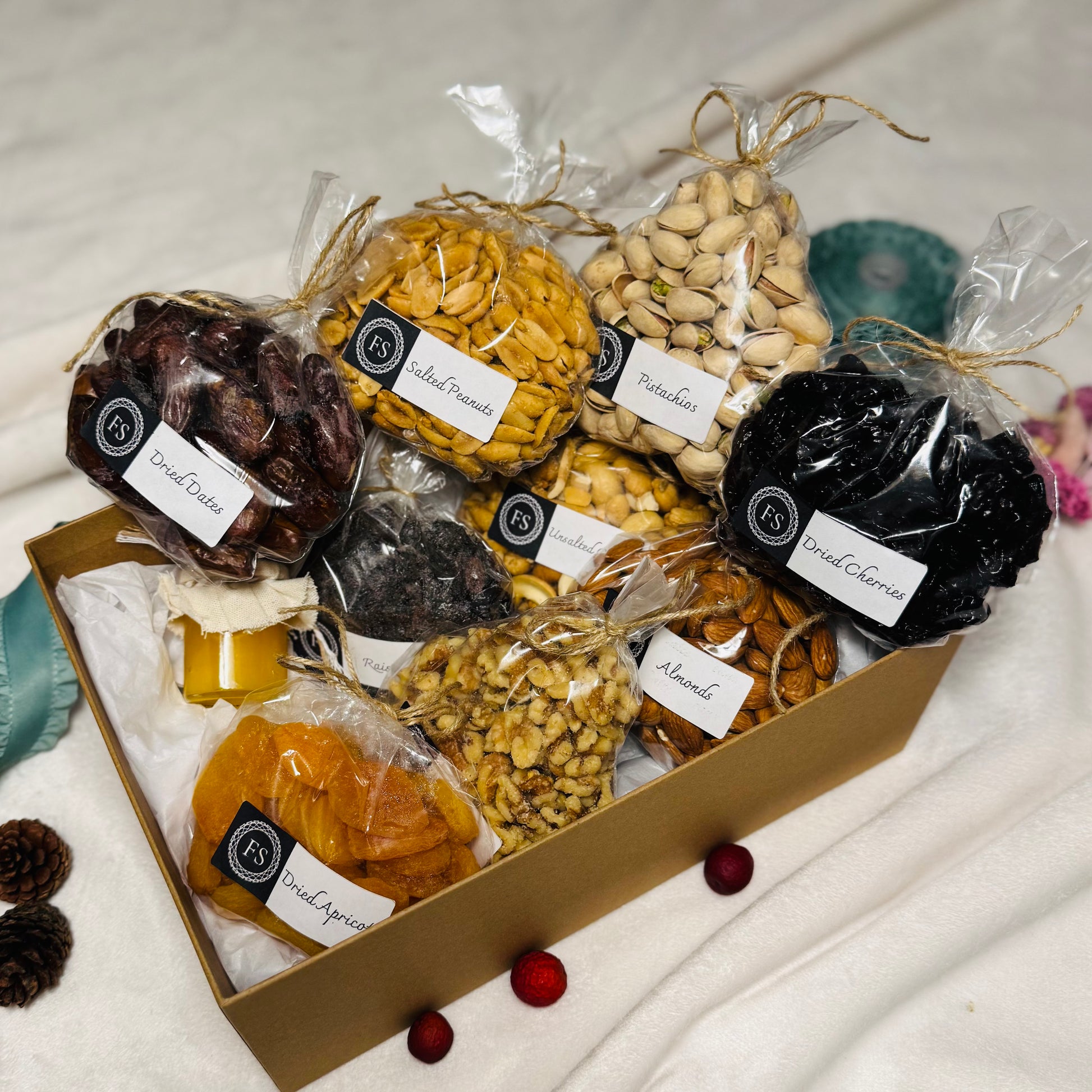 Gift Set Of Nuts, Dried Fruits And Honey In A Kraft Box (NUT126) - Flora Sense