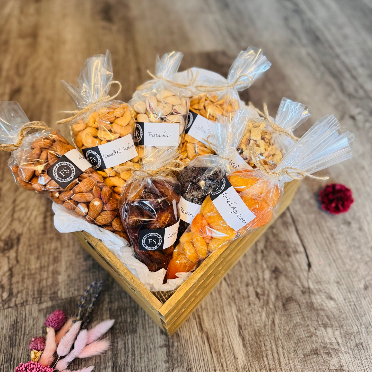 Gift Set Of Nuts, Dried Fruits And Honey In A Wooden Box (NUT117) - Flora Sense