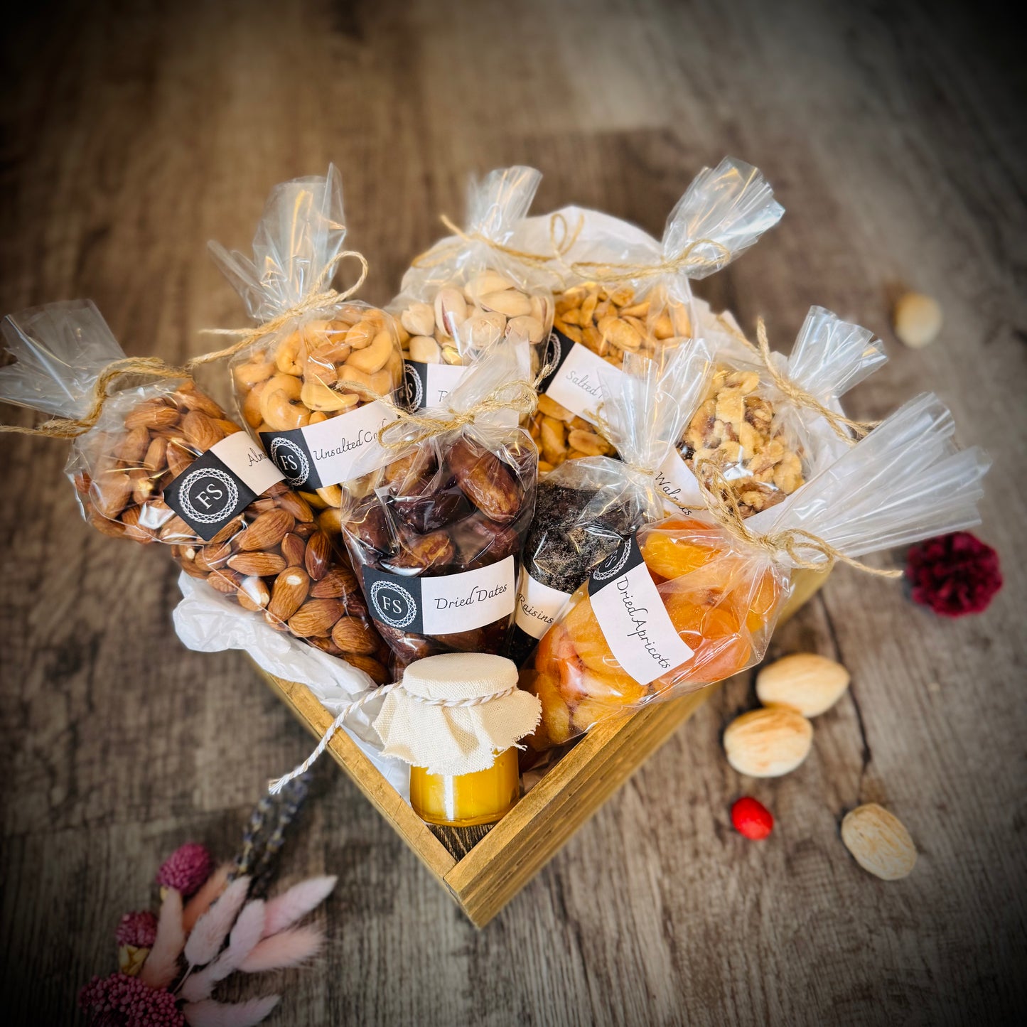 Gift Set Of Nuts, Dried Fruits And Honey In A Wooden Box (NUT117) - Flora Sense