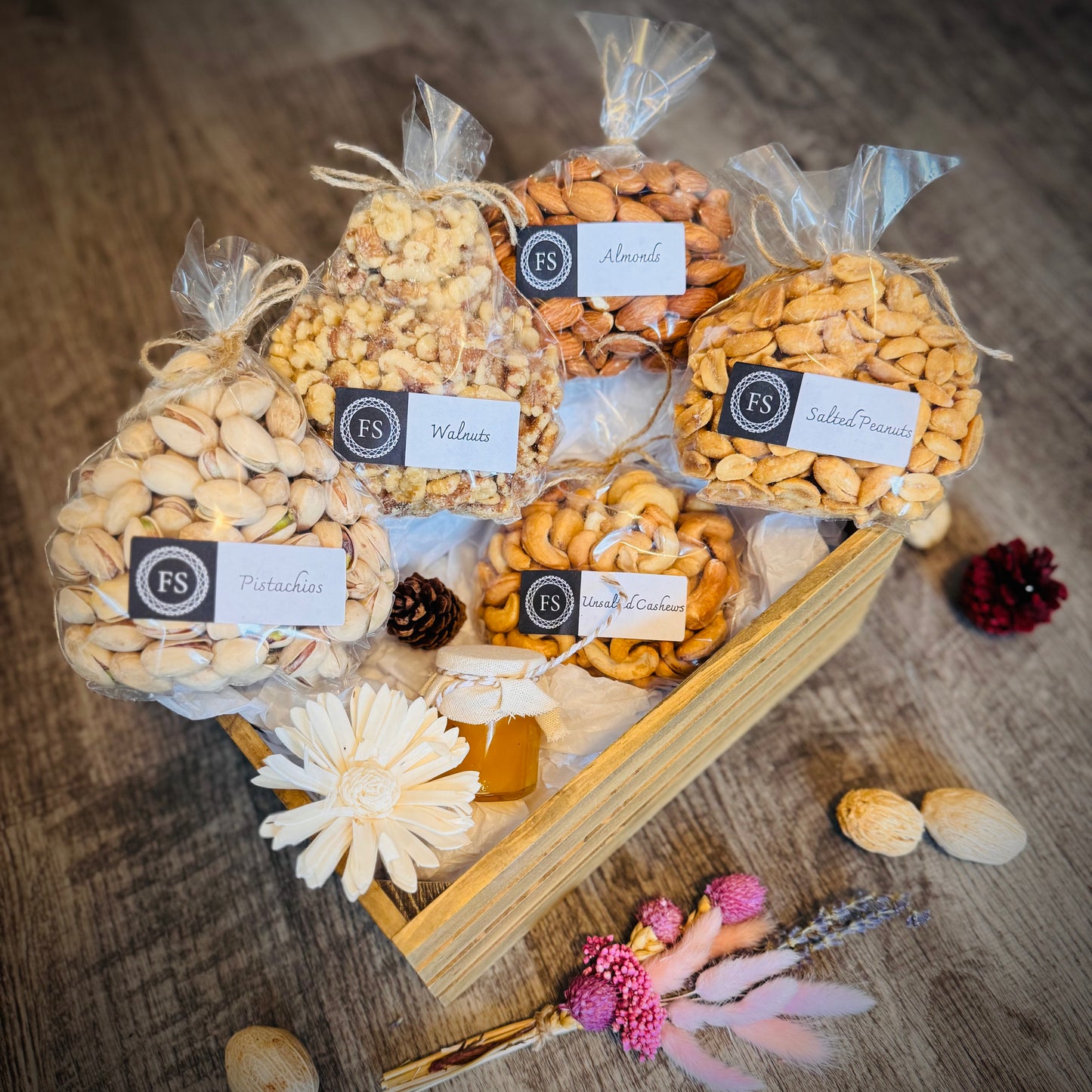 Gift Set Of Nuts And Honey In A Wooden Box (NUT119) - Flora Sense