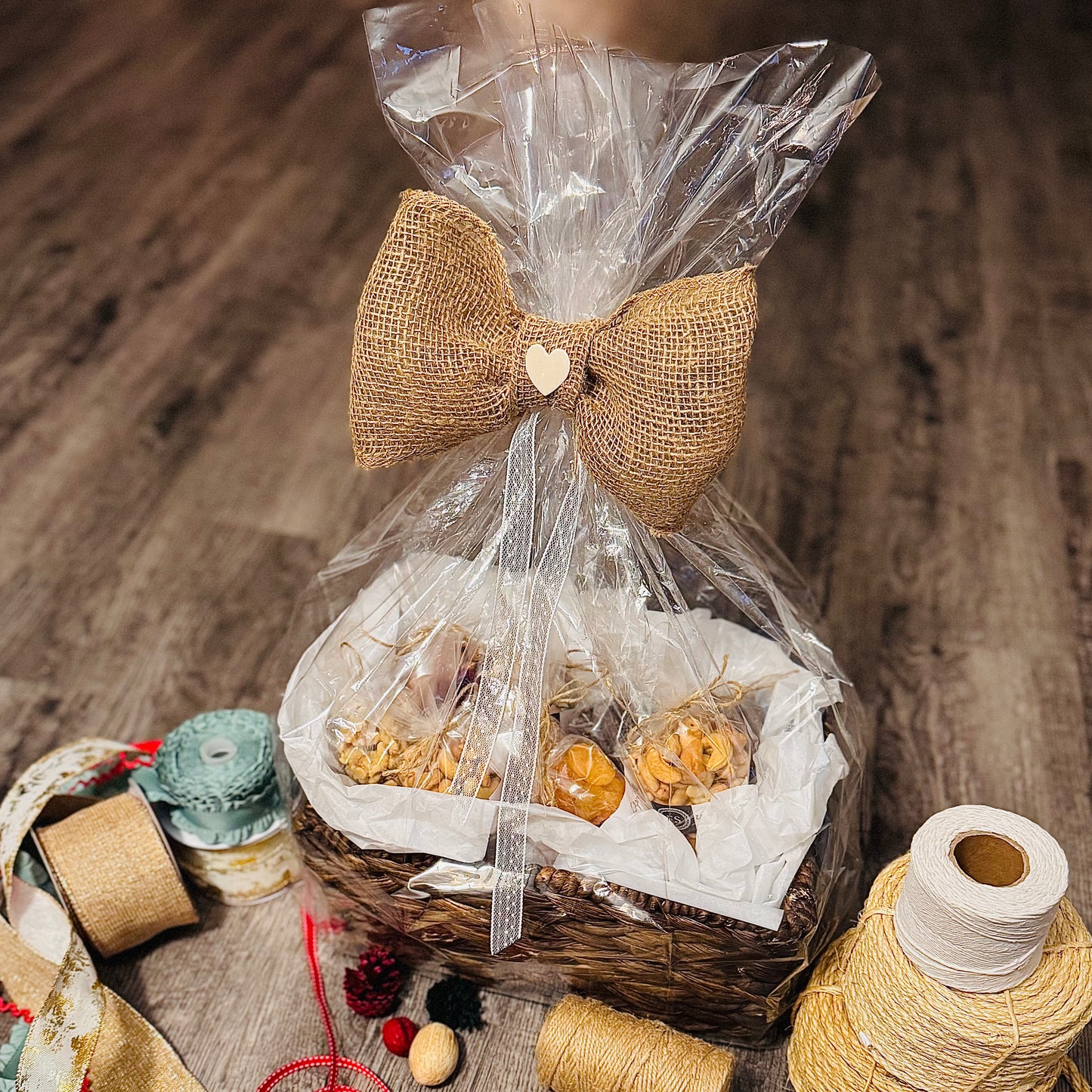 Gift Set Of Nuts And Honey In A Espresso Rectangle Woven Basket (NUT115) - Flora Sense