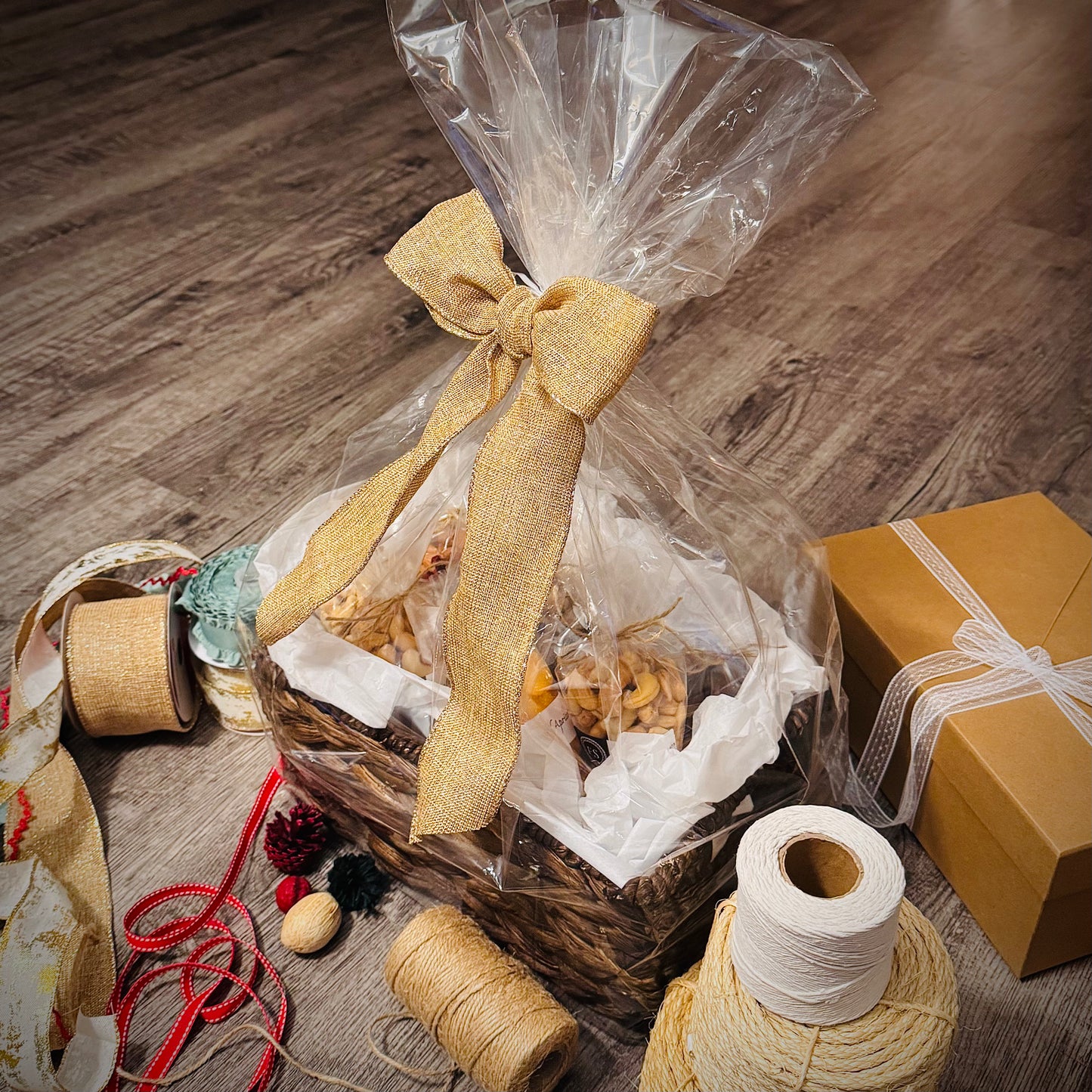Gift Set Of Nuts And Honey In A Espresso Rectangle Woven Basket (NUT115) - Flora Sense