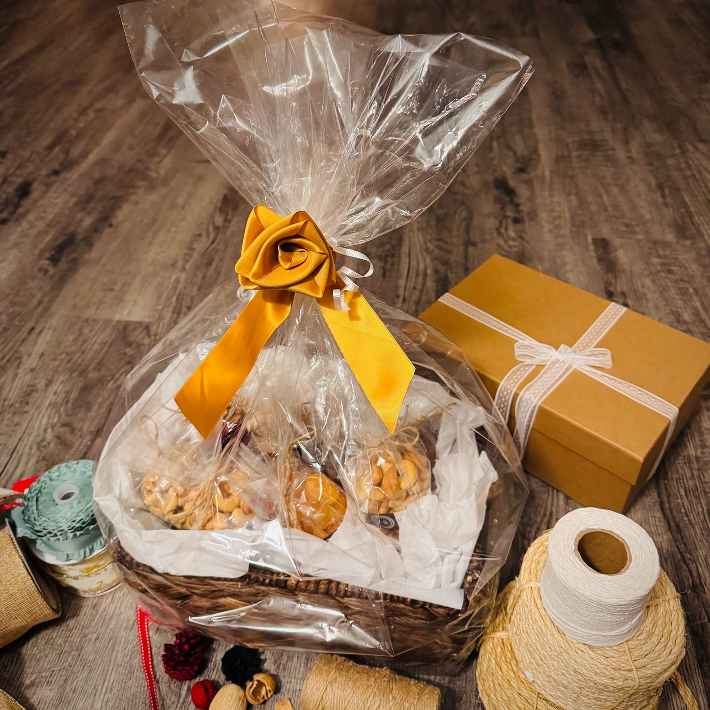 Gift Set Of Nuts And Honey In A Espresso Rectangle Woven Basket (NUT115) - Flora Sense