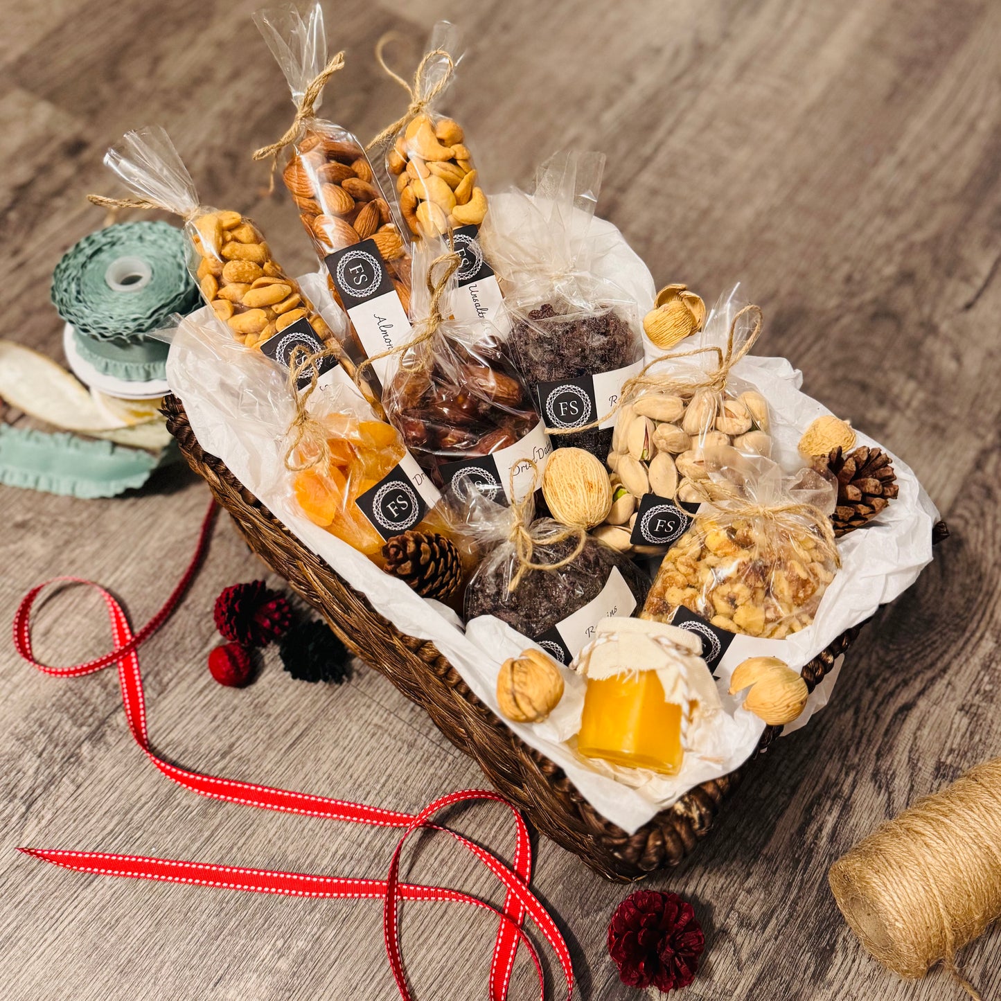 Gift Set Of Nuts, Dried Fruits And Honey In A Espresso Rectangle Woven Basket (NUT114) - Flora Sense
