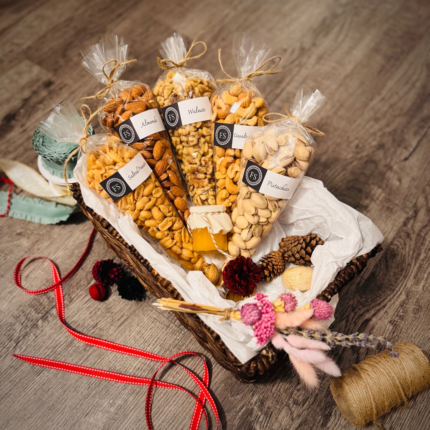 Gift Set Of Nuts And Honey In A Espresso Rectangle Woven Basket (NUT115) - Flora Sense