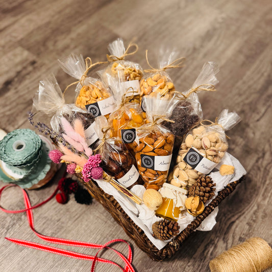 Gift Set Of Nuts, Dried Fruits And Honey In A Espresso Rectangle Woven Basket (NUT113) - Flora Sense