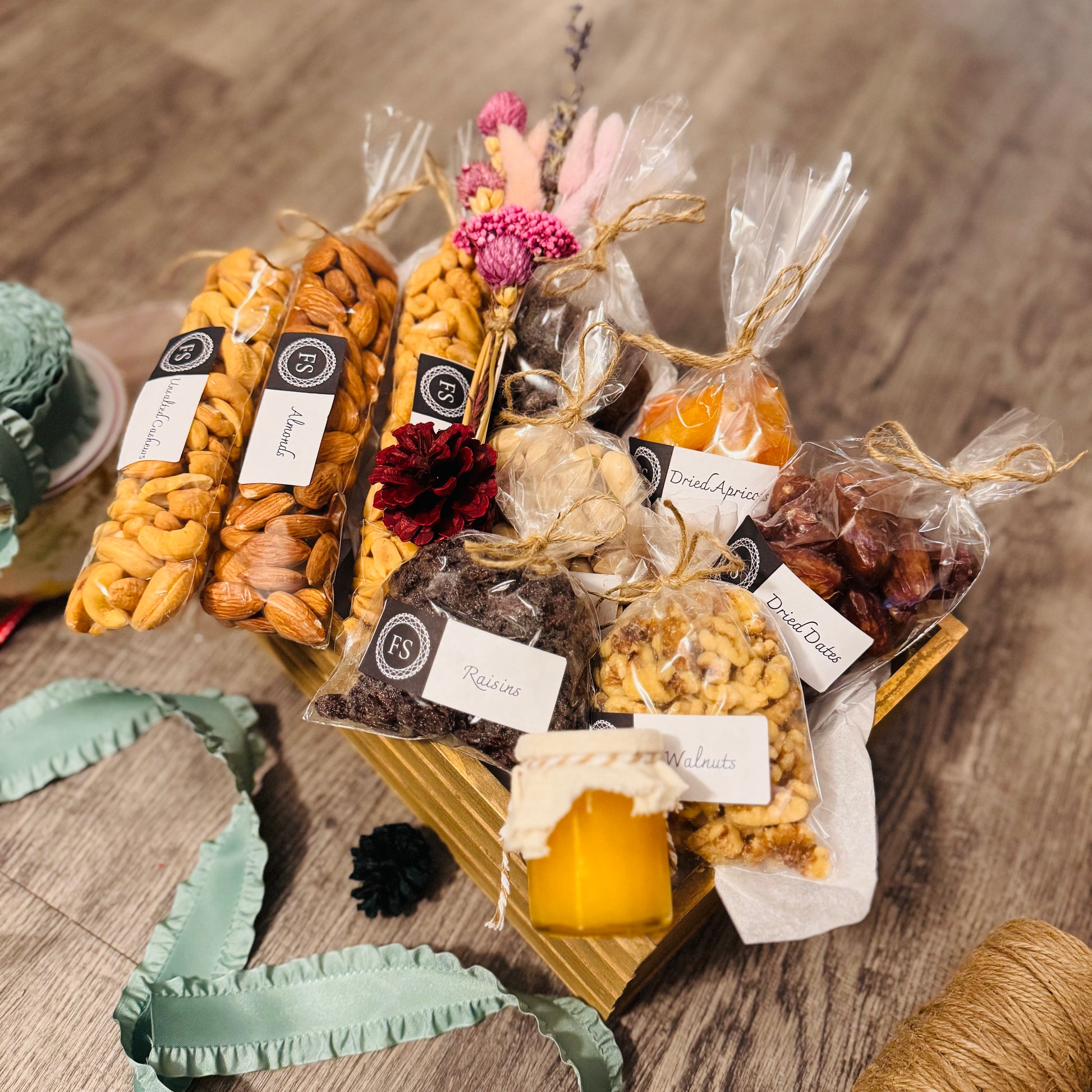 Gift Set Of Nuts, Dried Fruits And Honey In A Wooden Box (NUT118) - Flora Sense