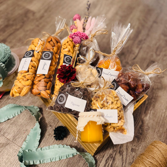 Gift Set Of Nuts, Dried Fruits And Honey In A Wooden Box (NUT118) - Flora Sense