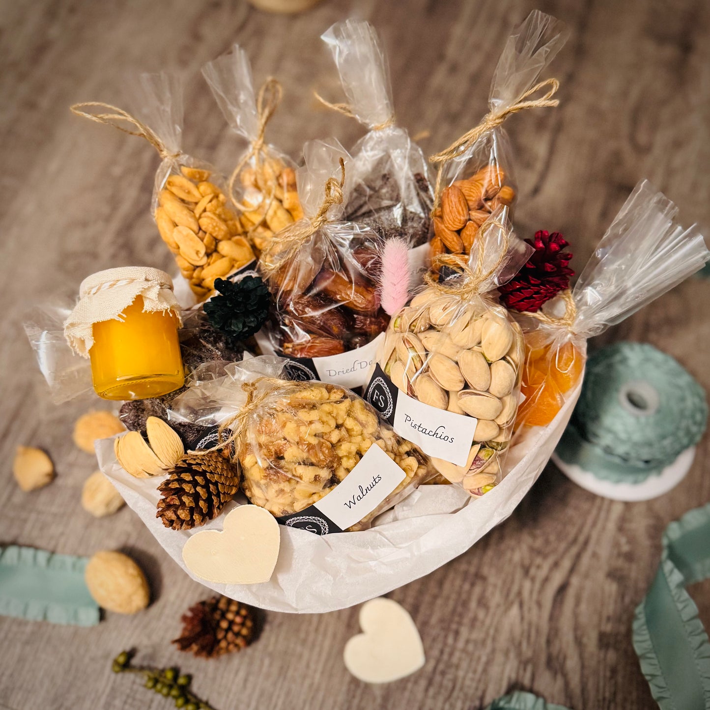 Gift Set Of Nuts, Dried Fruits And Honey In A Round Basket (NUT122) - Flora Sense