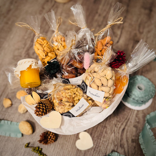 Gift Set Of Nuts, Dried Fruits And Honey In A Round Basket (NUT122) - Flora Sense