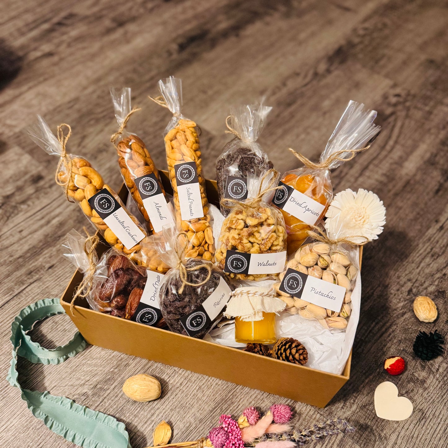 Gift Set Of Nuts, Dried Fruits And Honey In A Kraft Box (NUT128) - Flora Sense