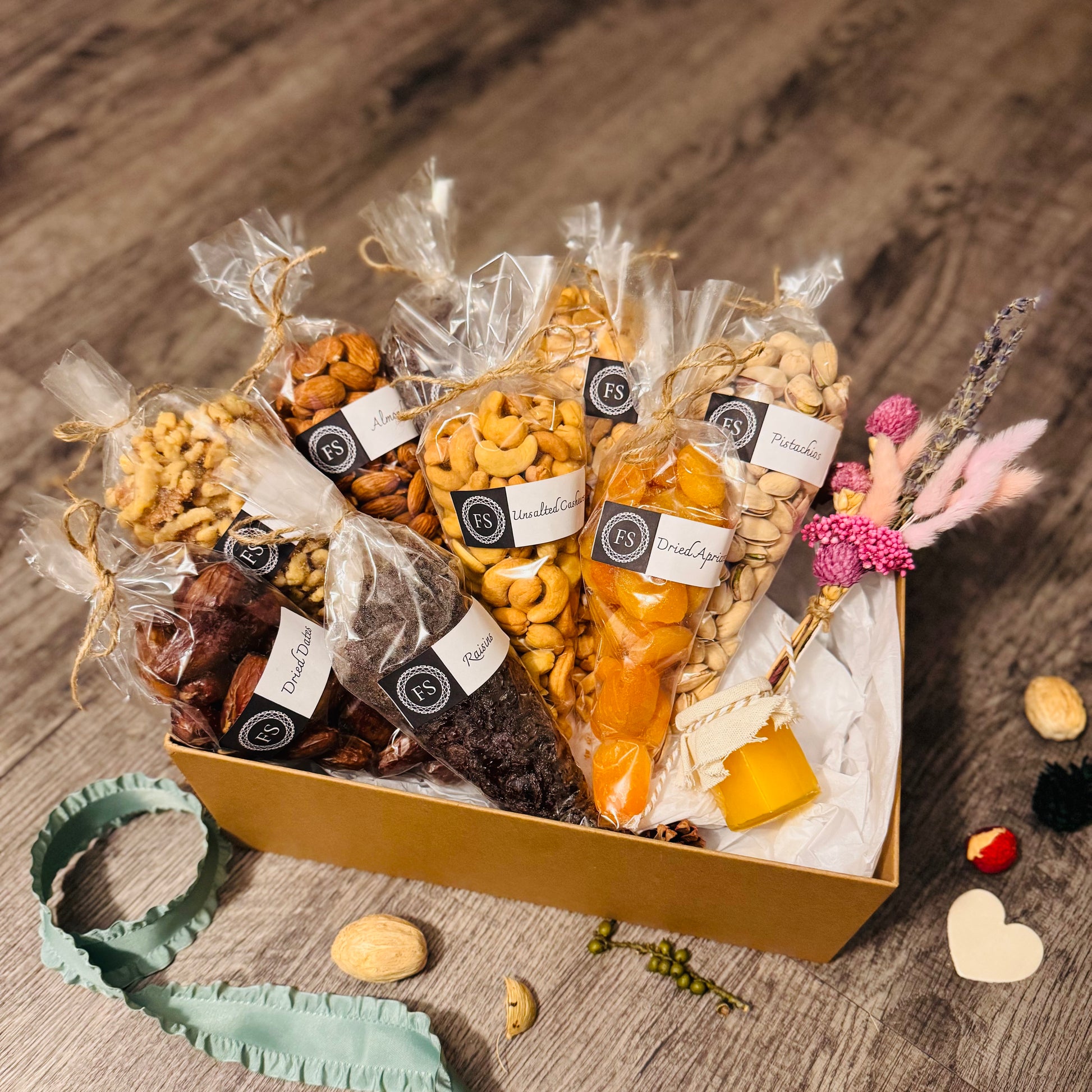 Gift Set Of Nuts, Dried Fruits And Honey In A Kraft Box (NUT127) - Flora Sense