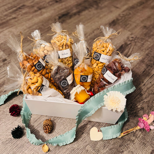 Gift Set Of Nuts, Dried Fruits And Honey In A White Box (NUT132) - Flora Sense