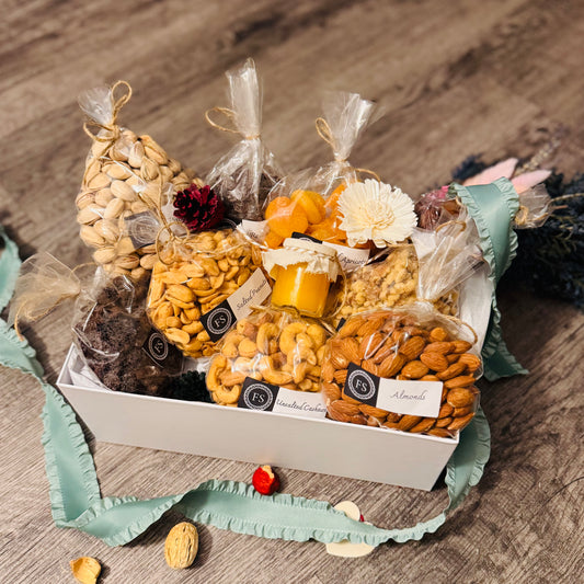 Gift Set Of Nuts, Dried Fruits And Honey In A White Box (NUT131) - Flora Sense