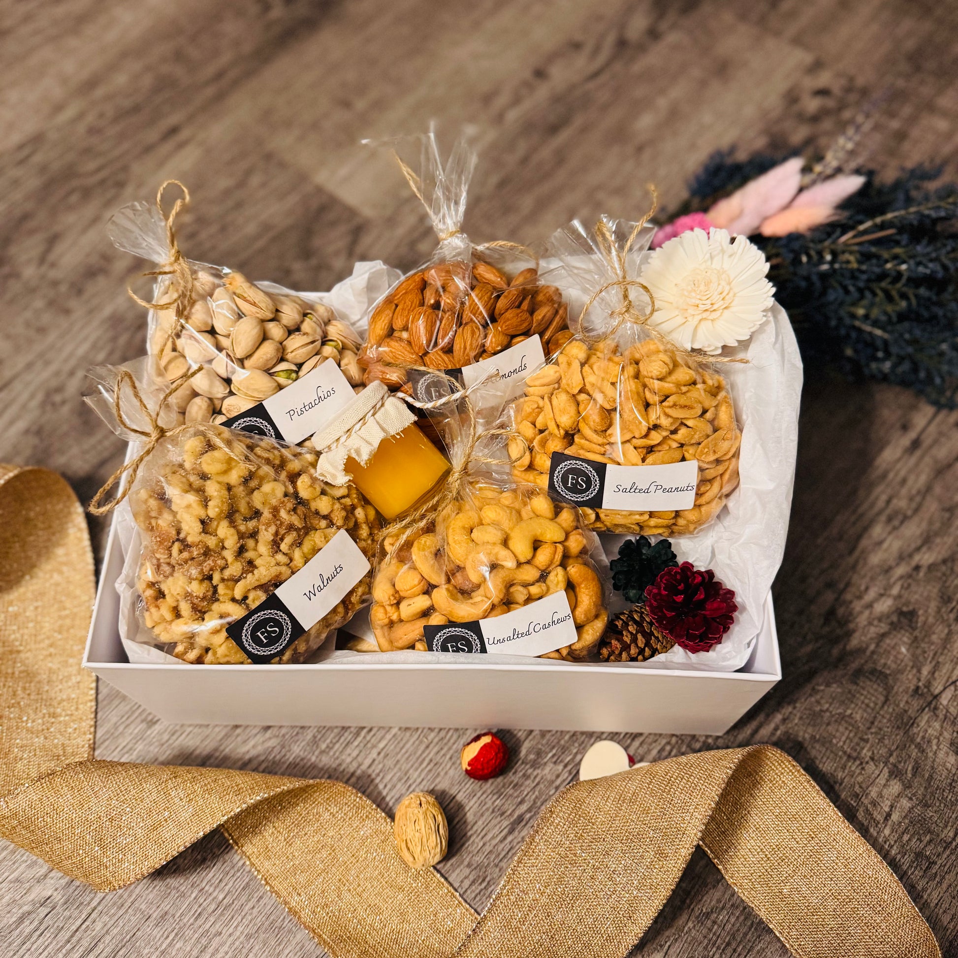 Gift Set Of Nuts And Honey In A White Box (NUT134) - Flora Sense