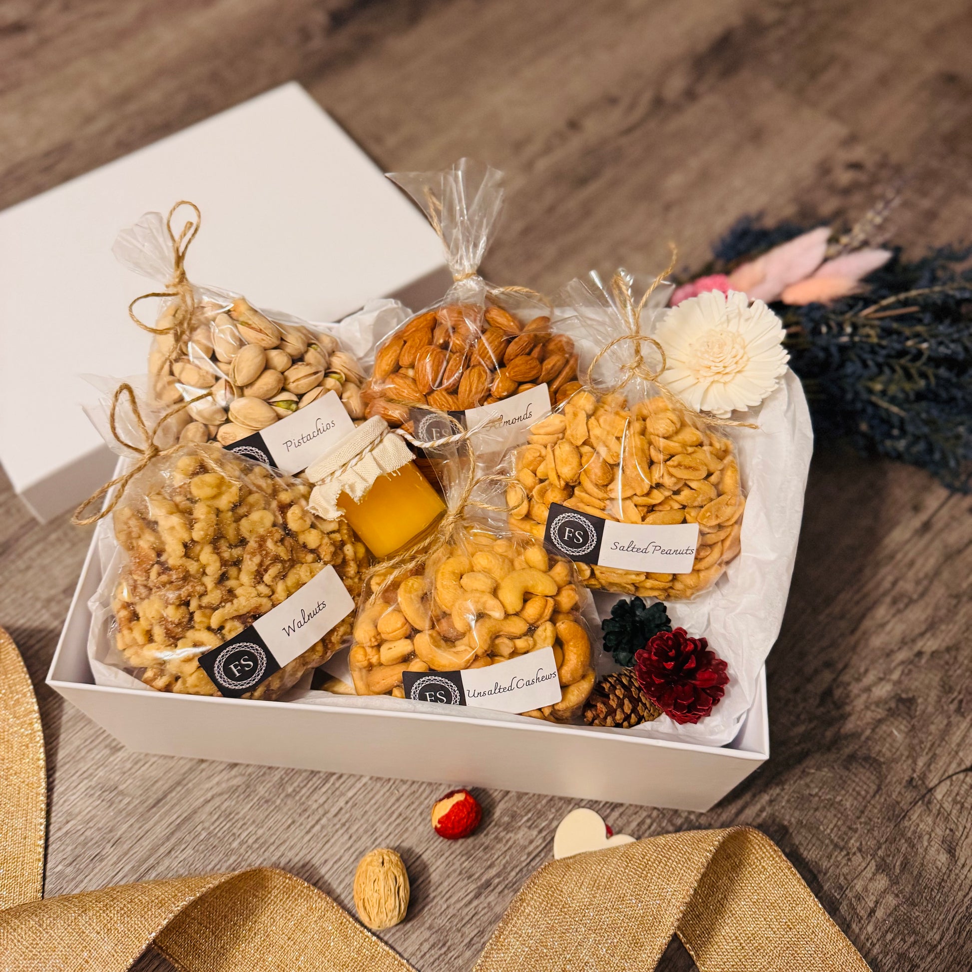 Gift Set Of Nuts And Honey In A White Box (NUT134) - Flora Sense