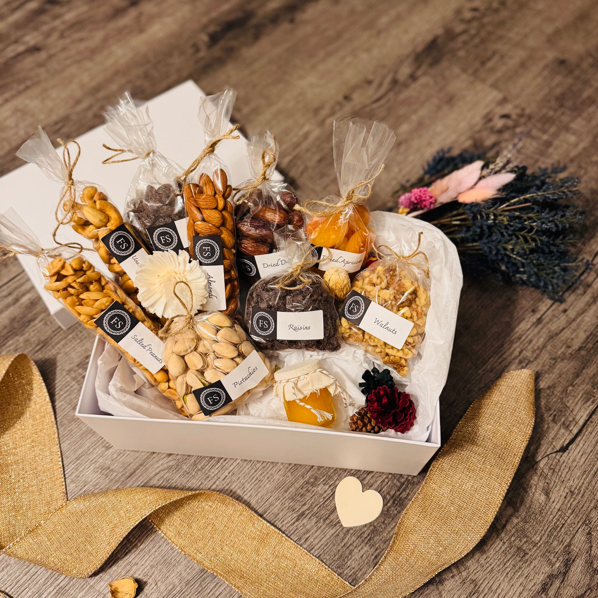 Gift Set Of Nuts, Dried Fruits And Honey In A White Box (NUT133) - Flora Sense
