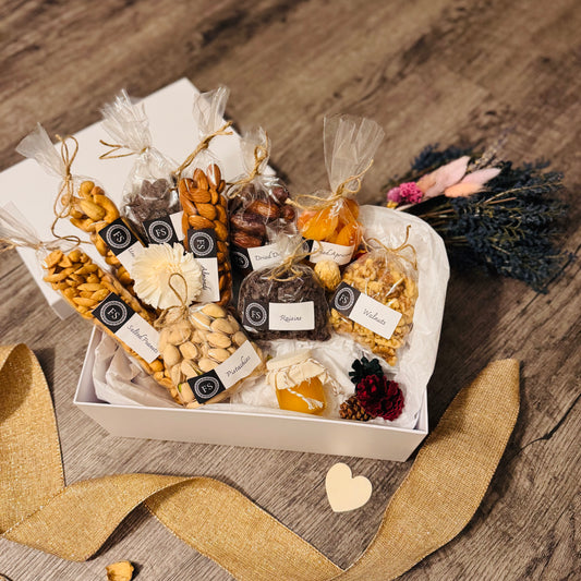 Gift Set Of Nuts, Dried Fruits And Honey In A White Box (NUT133) - Flora Sense