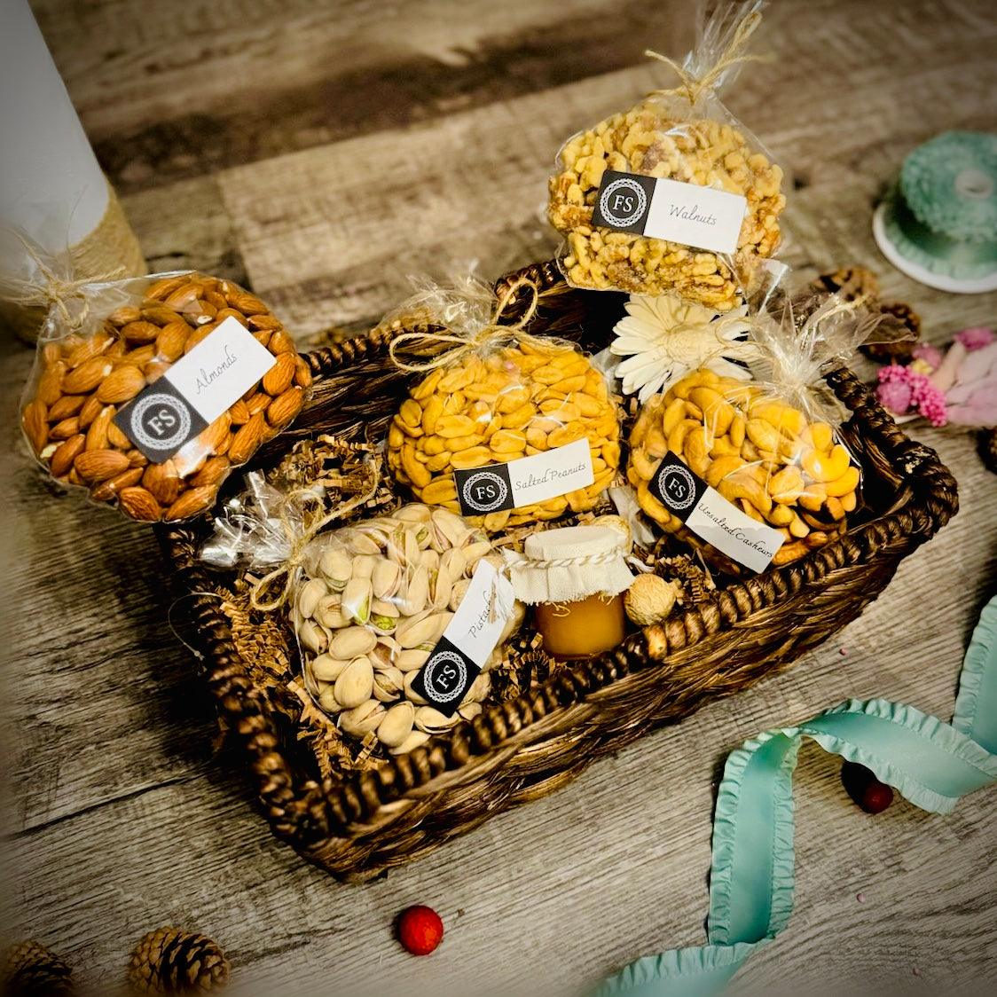 Gift Set Of Nuts And Honey In A Espresso Rectangle Woven Basket (NUT112) - Flora Sense